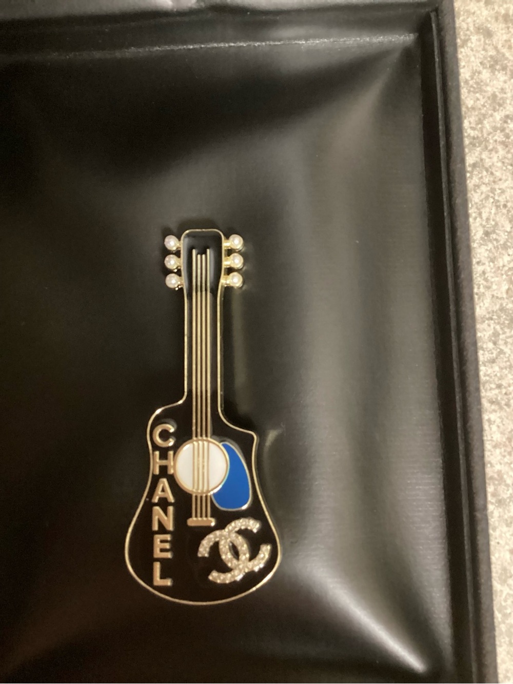 CHANEL Black Enamel Guitar Brooch with Blue Accent